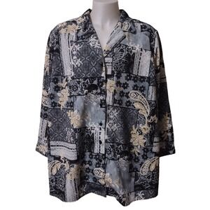 Chelsea Studio Blouse Women's Size 3X Gray Flowered Design 3/4 Sleeve Button Up